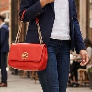 Michael Kors Vibrant Red Pebbled Leather Fulton Crossbody/Shoulder/Handbag Purse
